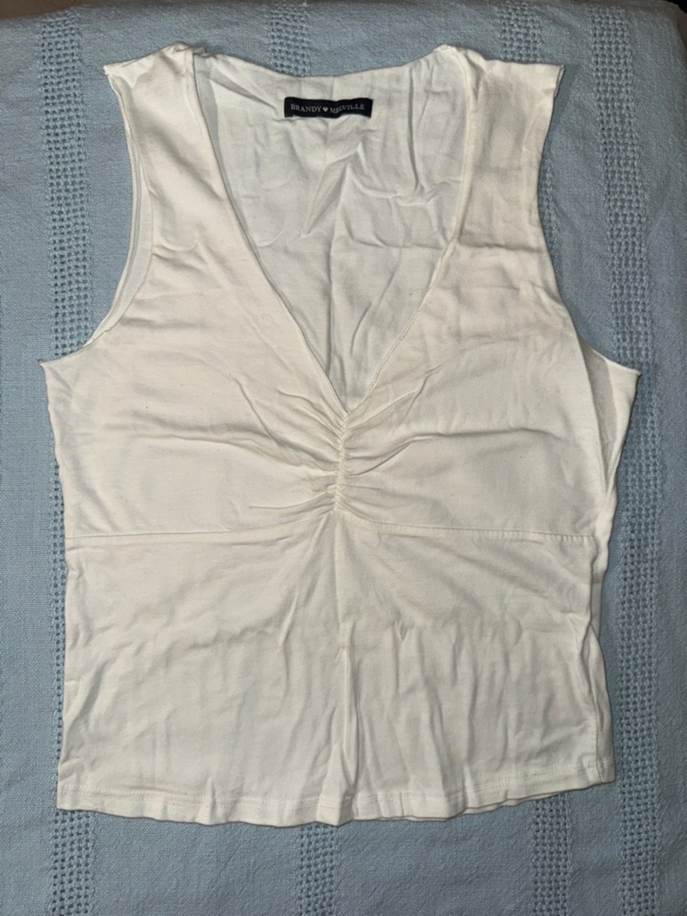 Brandy Melville Cream V-Neck Ruched Tank Top